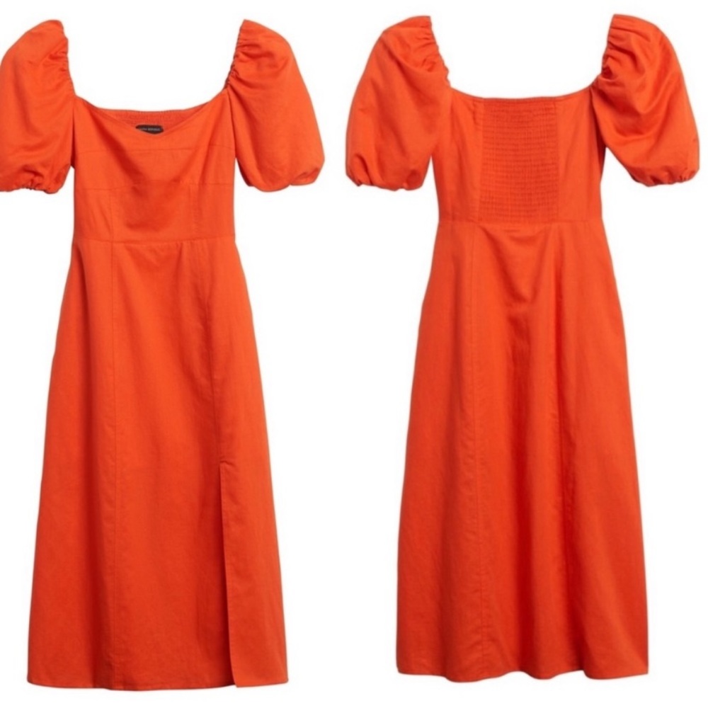 NWOT Linen cotton puffed sleeves midi dress 🍊